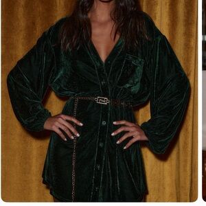Velvet Long Sleeve Button-Up Dress - Deep Forest Green